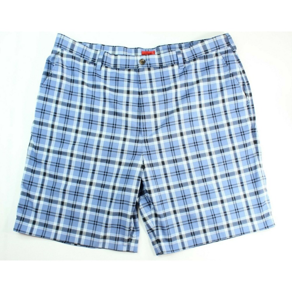 SHORTS IZOD Sz 42 Mens Golf Plaid Black Blue Easy Care Casual Flat Front Bermuda